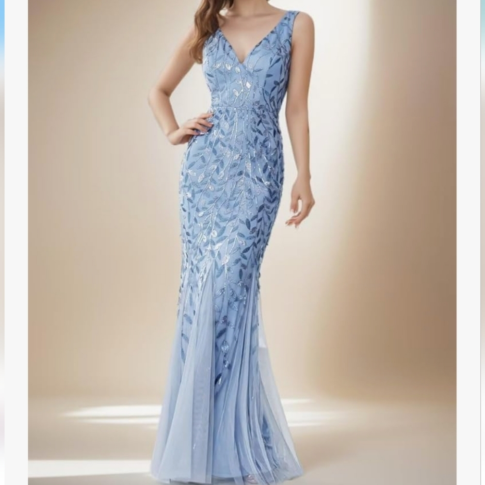 Ever-Ptetty Lace Overlay Evening Gown  Wedding Guest Reception Blue Med Nwt